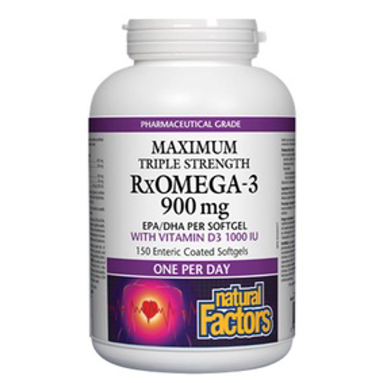 صورة NATURAL FACTORS MAXIMUM TRIPLE STRENGTH RXOMEGA-3 WITH VITAMIN D3 1000 IU 900 MG 150 ENTERIPURE SOFTGELS