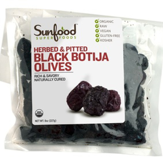 Picture of SUNFOOD SUPERFOODS OLIVES, BLACK BOTIJA, HERBED, PITTED, 8OZ, ORGANIC, RAW