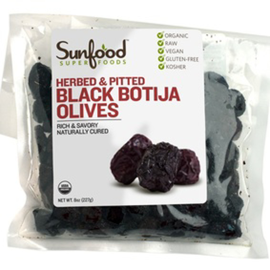 صورة SUNFOOD SUPERFOODS OLIVES, BLACK BOTIJA, HERBED, PITTED, 8OZ, ORGANIC, RAW