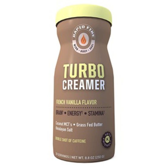 صورة RAPID FIRE TURBO CREAMER, FRENCH VANILLA FLAVOR WITH SHOT OF CAFFEINE, COCONUT MCTS, GRASS FED BUTTER, HIMALAYAN PINK SALT, 8.5 OZ., 20 SERVINGS